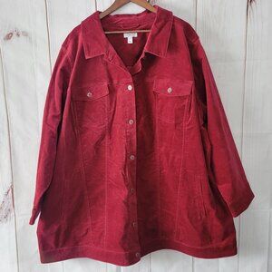 Denim & Co Stretch Velveteen Long Jacket, Burgundy, Women’s Plus 5x, Button Down